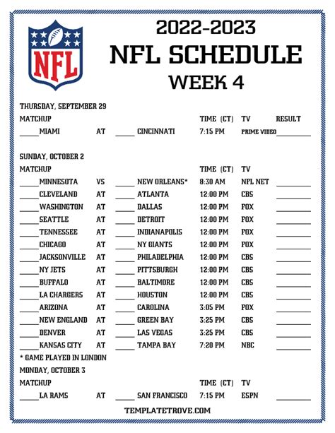 Printable 2022-2023 NFL Schedule Week 4