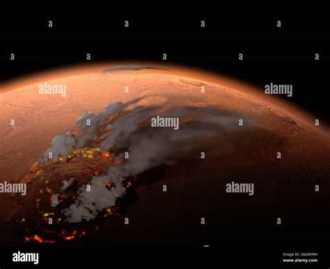 Formation of Olympus Mons. Illustration of basaltic lava flows forming the massive shield ...