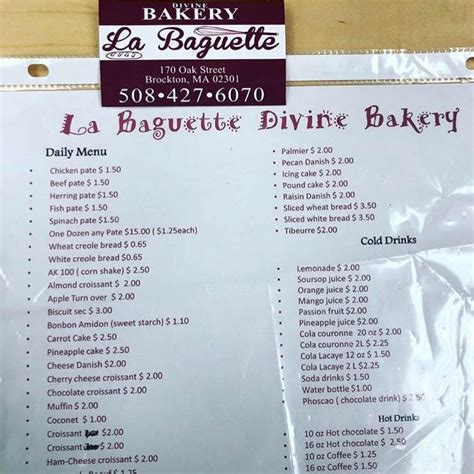 Menu at La Baguette Divine, Brockton