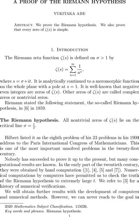 A proof of the Riemann hypothesis | Mathematics | Cambridge Open Engage