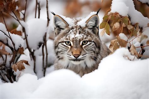 Premium AI Image | Lynx cub peeking out from behind snowcovered