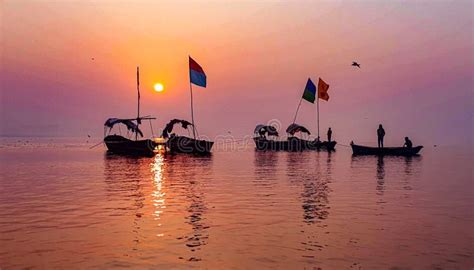 Boats Lined Up on the Banks of Ganga River in Triveni Sangam, Prayagraj ...