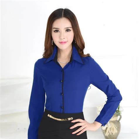 Formal Blue Shirts Women Work Blouses Long SLeeve Ladies Office Uniform Shirts OL Female XXXL ...