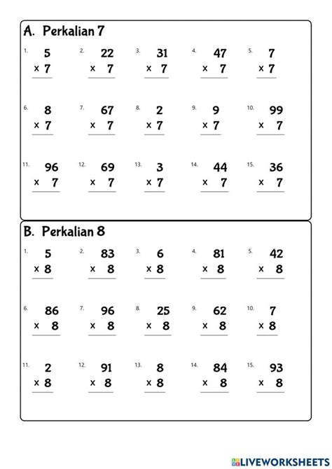 Perkalian 7 dan 8 worksheet