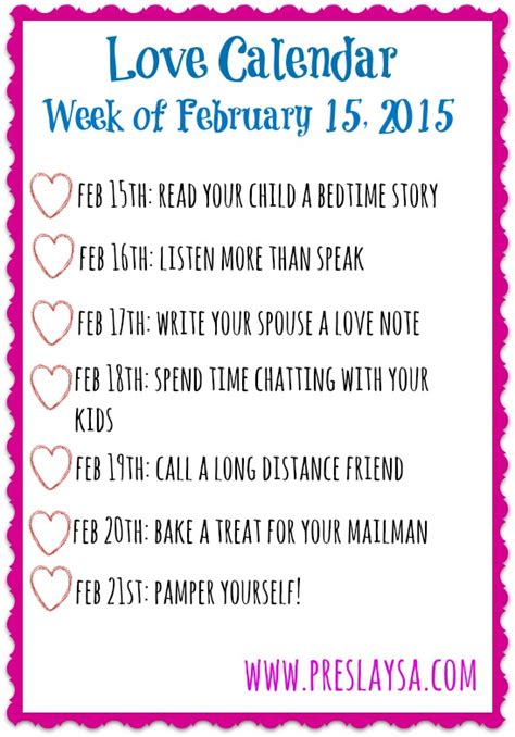 Free Printable Love Calendar week of Feb. 15, 2015 - Official Site of ...