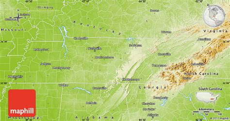 Physical Map of Tennessee