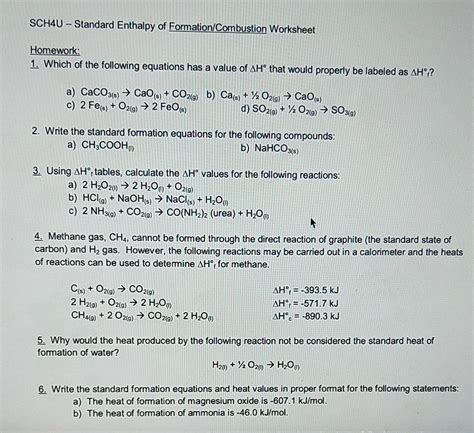 Solved SCH4U - Standard Enthalpy of Formation/Combustion | Chegg.com