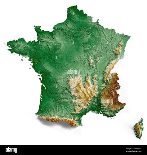 France. Detailed 3D rendering of a shaded relief map with rivers and ...