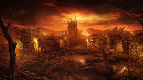 Download Old Town In Flames Hell Background | Wallpapers.com