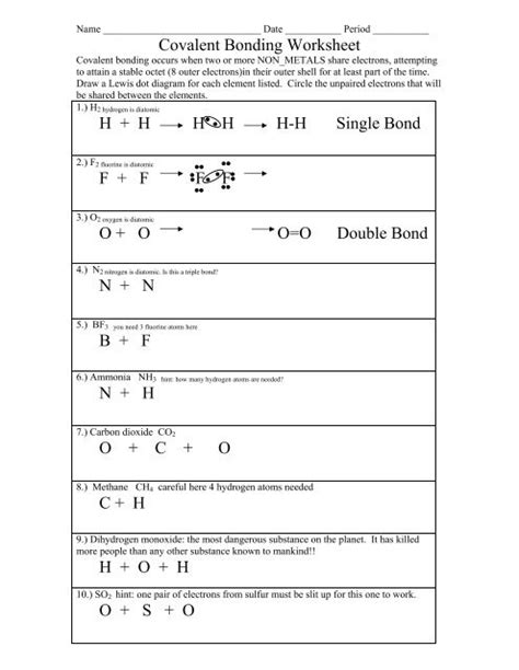 Covalent Bonding Worksheet - Colina Middle School