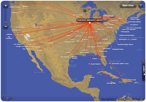 Southwest Airlines route map - from Chicago Midway