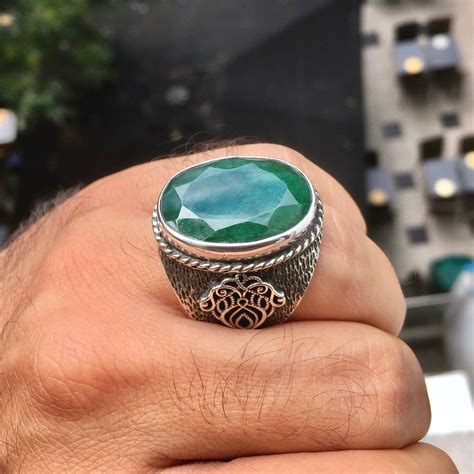 Emerald Mens Ring Natural big Gemstone Sterling Silver Unique ...