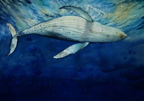 Trusting Leviathan - Whale in Ocean - blue whale Painting by Olga Beliaeva Watercolour | Saatchi Art