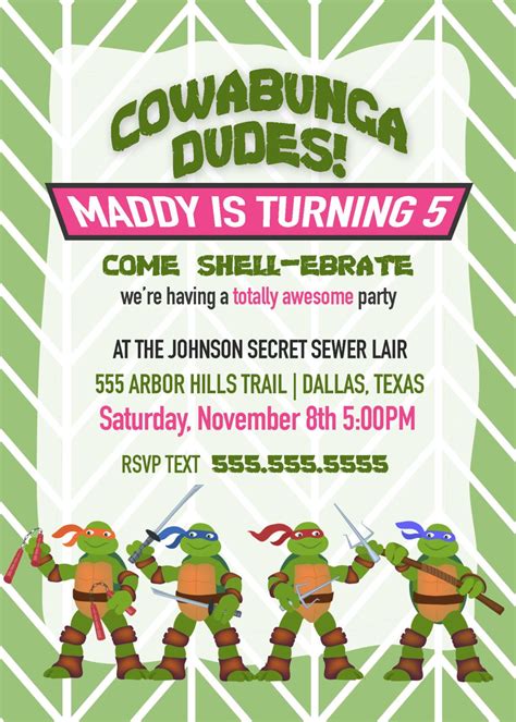 Girls Ninja Turtle Party Invitation Birthday by BoombaPrints | Ninja turtles birthday party ...