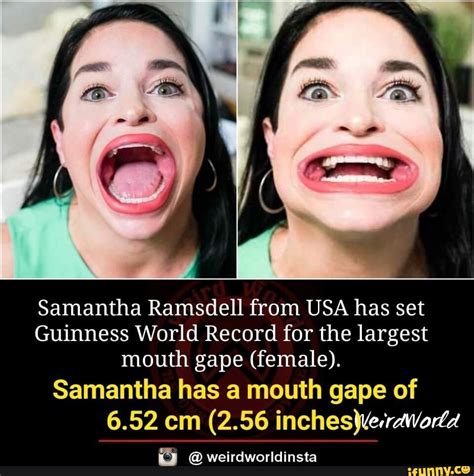 Samantha Ramsdell from USA has set Guinness World Record for the largest mouth gape (female ...