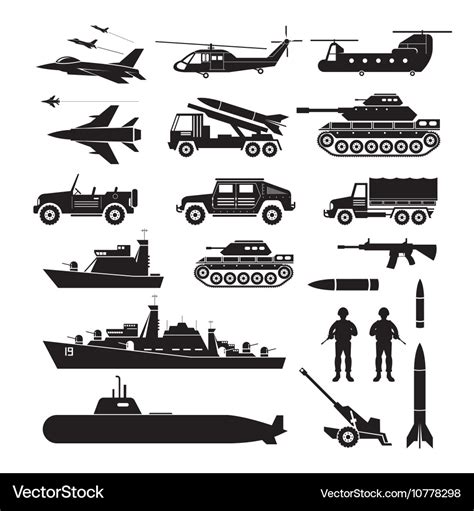 Military vehicles object silhouette set side view Vector Image