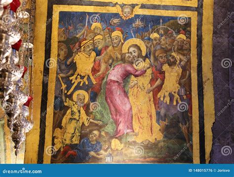 Fresco of Judas Betraying Jesus with a Kiss in Church of the Holy Sepulchre, Jerusalem Editorial ...