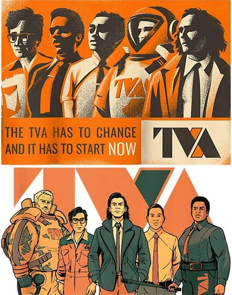 an orange and black poster with men in suits standing next to each ...