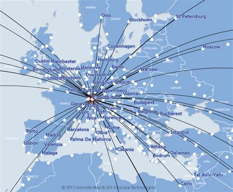 Swiss International Air Lines route map - Europe from Zurich