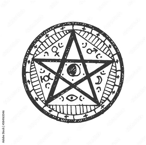 Esoteric and astrology mystic sign with moon, witchcraft sacred sign. Vector ritual circle with ...