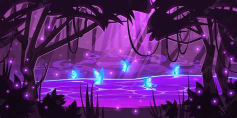 Free Vector | Night magic forest with glowing fireflies and butterflies over mystic purple pond ...