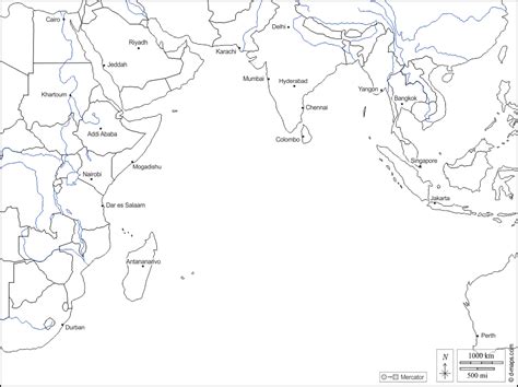 Indian Ocean free map, free blank map, free outline map, free base map hydrography, states, main ...