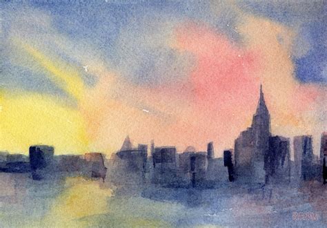 New York Skyline Empire State Building Pink and Yellow Watercolor ...