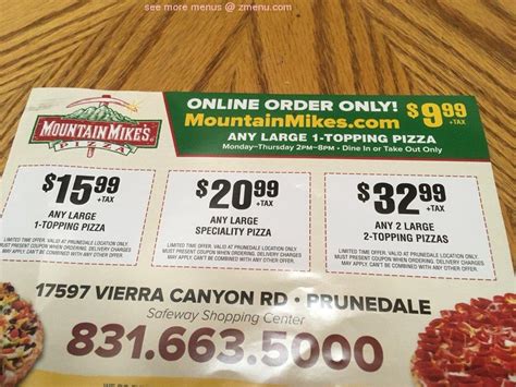 Menu at Mountain Mike's Pizza pizzeria, Prunedale, Vierra Canyon Rd