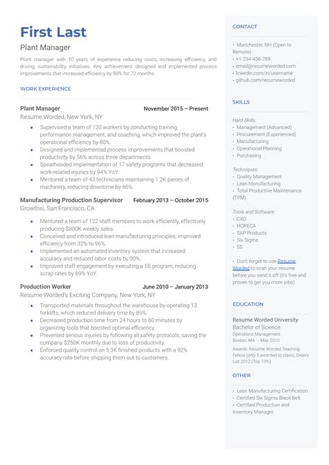 Plant Manager Resume Example for 2023 | Resume Worded