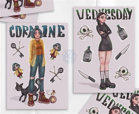 CORALINE and WEDNESDAY ADDAMS fanart illustration A5 print - Etsy Polska