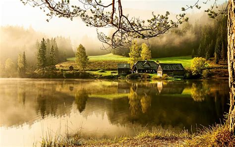 wallpaper Country House, Lake, morning, quiet, beautiful scenery mood ...