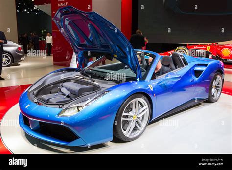 FRANKFURT, GERMANY - SEP 16, 2015: 2016 Ferrari 488 GTS Spider debute at the IAA 2015. A ...