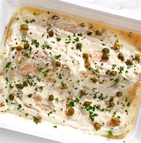 Baked Salmon w/ Creamy Lemon Caper Sauce - FoodTray2Go