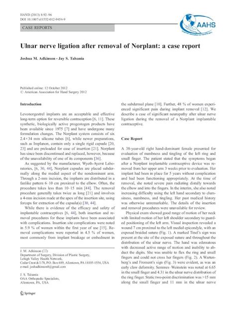 (PDF) Ulnar nerve ligation after removal of Norplant: a case report ...