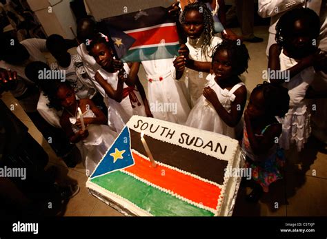 South Sudanese children celebrate with a Republic of South Sudan flag cake during independence ...