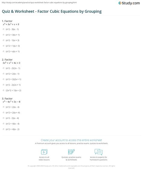 Quiz & Worksheet - Factor Cubic Equations by Grouping | Study.com