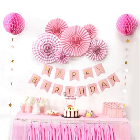 12pc Pink Theme Happy Birthday Paper Decoration Kit DIY Kids Party ...