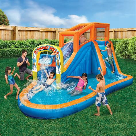 BANZAI Plummet Falls Large Inflatable Water Park Play Center - Water Slide, Drench Bucket ...