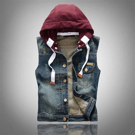 Men's Sleeveless Denim Vest With Detachable Maroon Hoodie. - Etsy