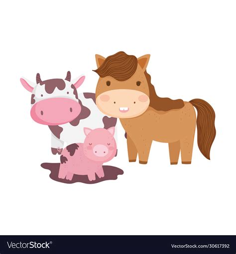 Farm animals horse cow and pig in mud cartoon Vector Image