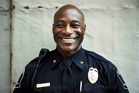 Happy and smiling African American police officer. Neural network AI ...