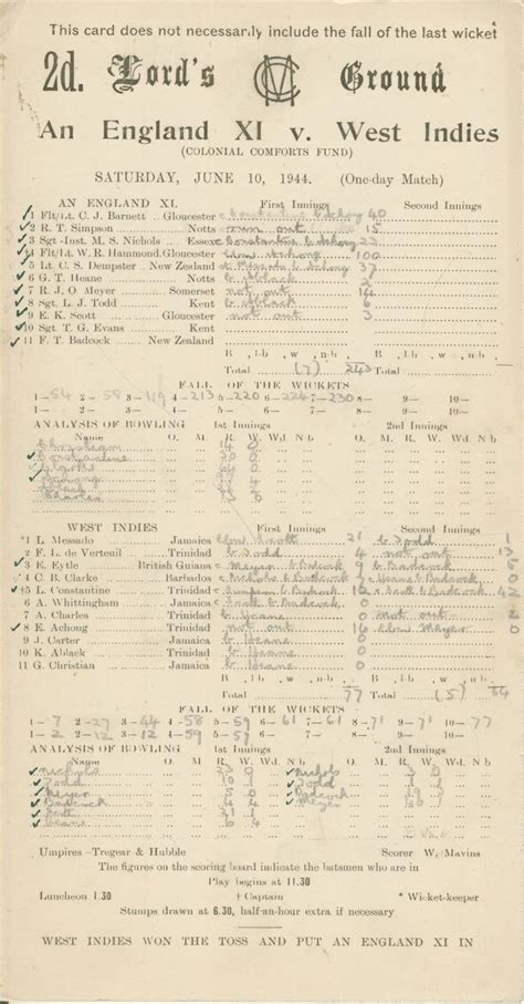 ENGLAND XI V WEST INDIES 1944 CRICKET SCORECARD: Sportspages.com