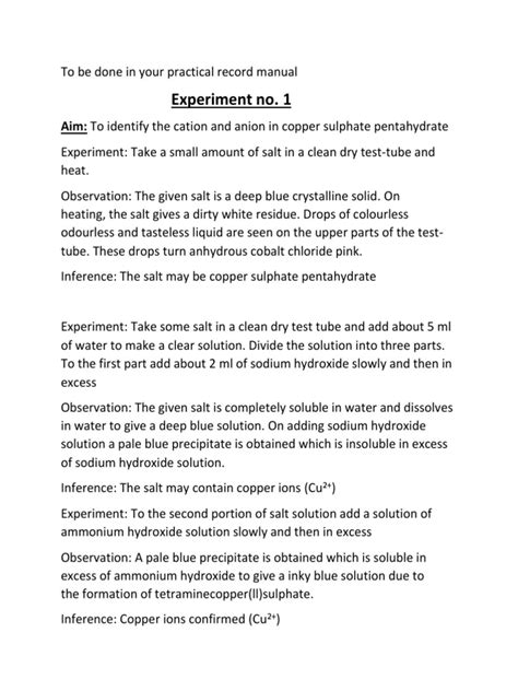 Experiment No. 1: Aim: To Identify The Cation and Anion in Copper Sulphate Pentahydrate | PDF ...