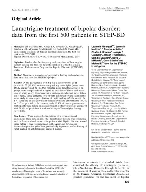 (PDF) Lamotrigine treatment of bipolar disorder: data from the first ...