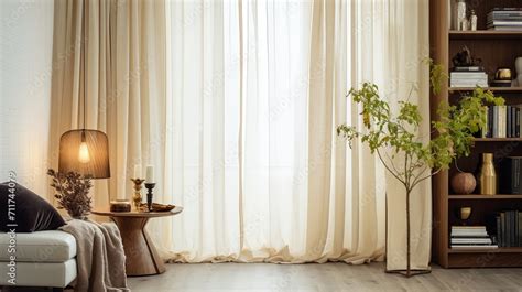 full curtains in an apartment light-colored room with subtle pops of ...