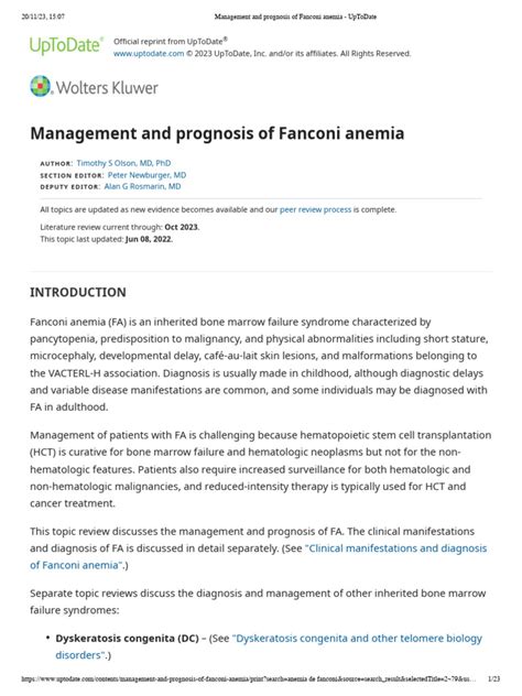 Management and Prognosis of Fanconi Anemia - UpToDate | PDF ...