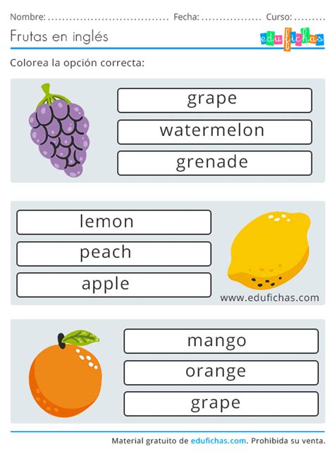 Frutas en Inglés para Niños. Aprender los Nombres de las Frutas【PDF】