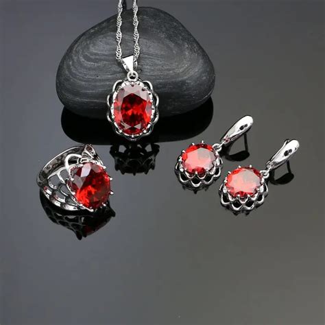 925 Sterling Silver Jewelry Sets Red Stone For Women Earrings Ring ...