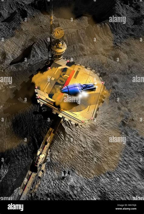 Moon base with spaceship landing, illustration Stock Photo - Alamy