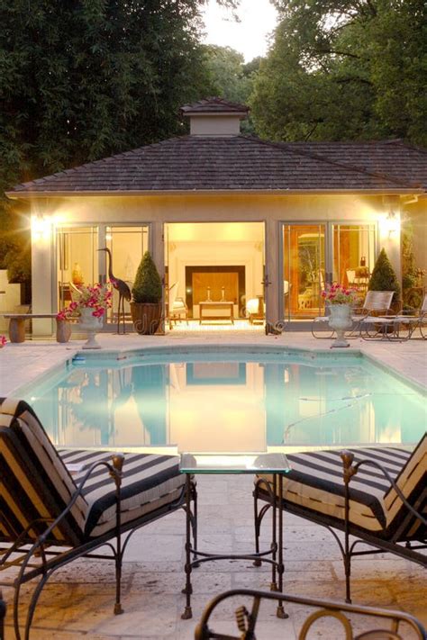 Backyard Pool House stock image. Image of door, fire, lounge - 4576657